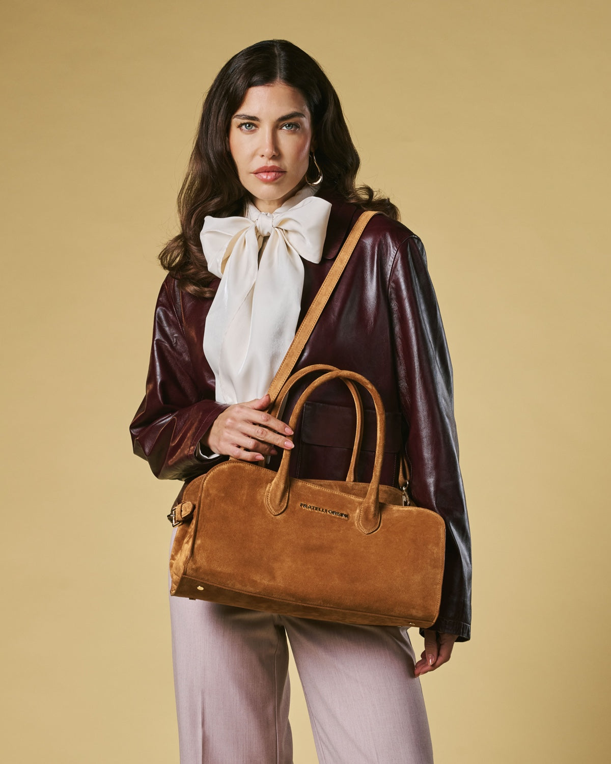 Chiara (cognac) - Italian calf suede women's handbag (with shoulder strap)