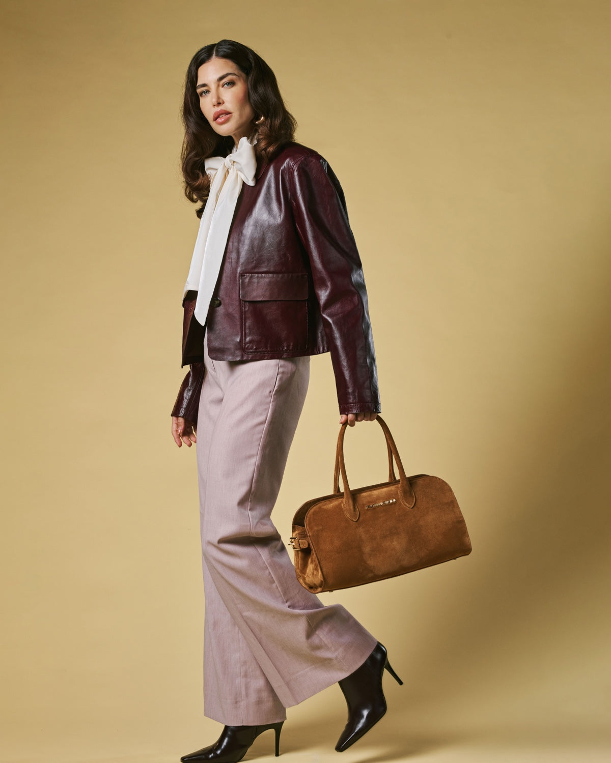 Chiara (cognac) - Italian calf suede women's handbag (with shoulder strap)