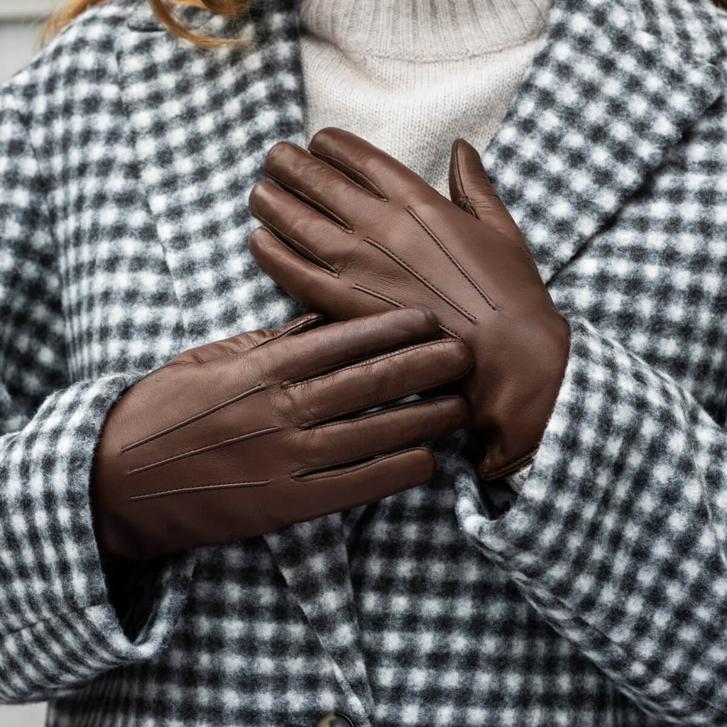 Francesca (brown) - Italian lambskin leather gloves with brown rabbit fur lining
