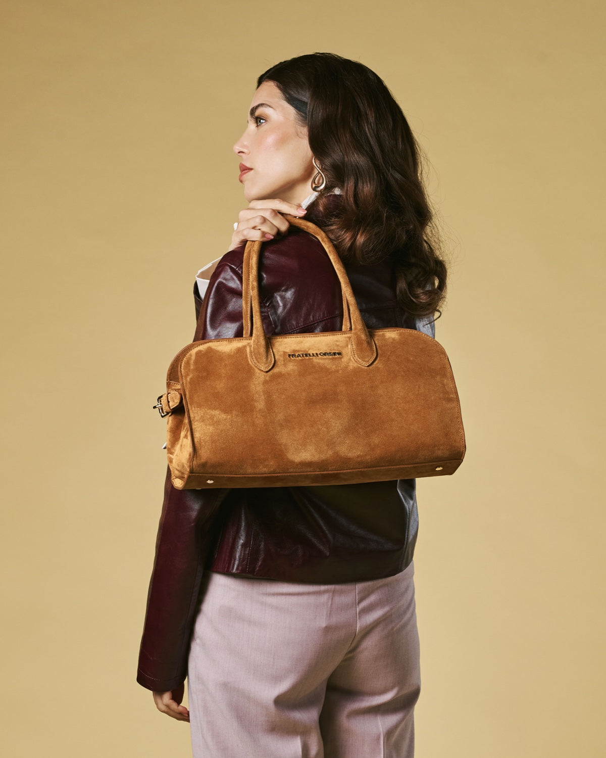 Chiara (cognac) - Italian calf suede women's handbag (with shoulder strap)