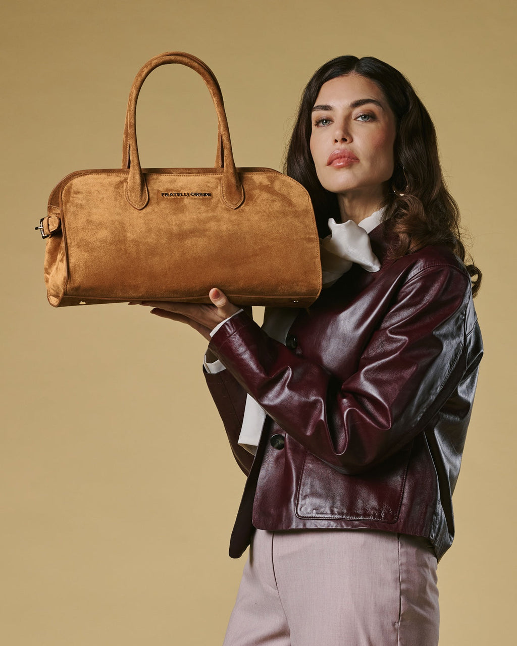 Chiara (cognac) - Italian calf suede women's handbag (with shoulder strap)