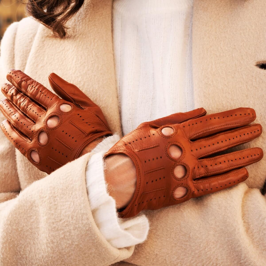 Alessa (cognac) - Classic Italian lambskin leather driving gloves & touchscreen feature
