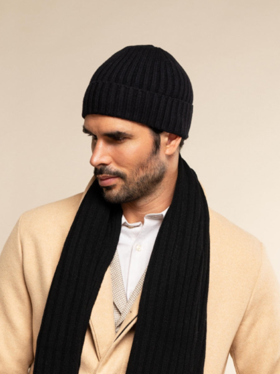 Milano (black) - Italian 100% cashmere ribbed beanie (unisex)