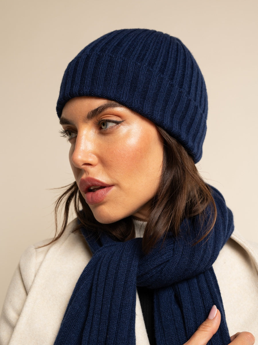 Milano (navy blue) - Italian 100% cashmere ribbed beanie (unisex)
