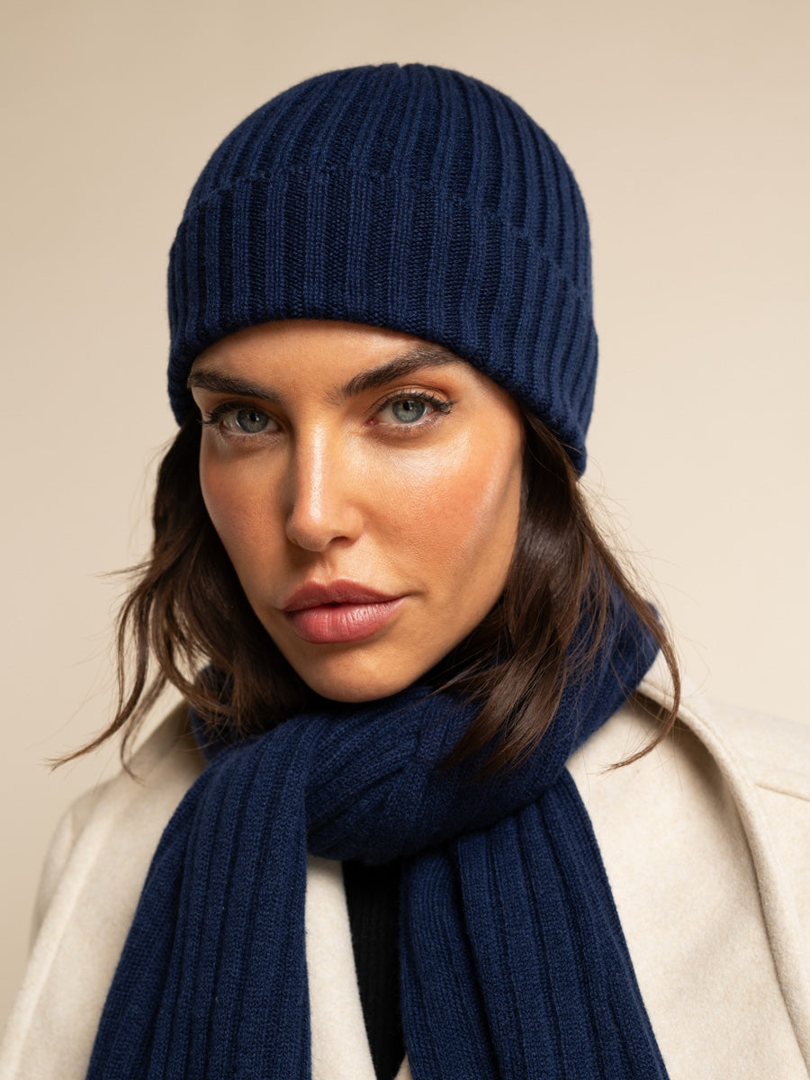 Milano (navy blue) - Italian 100% cashmere ribbed beanie (unisex)