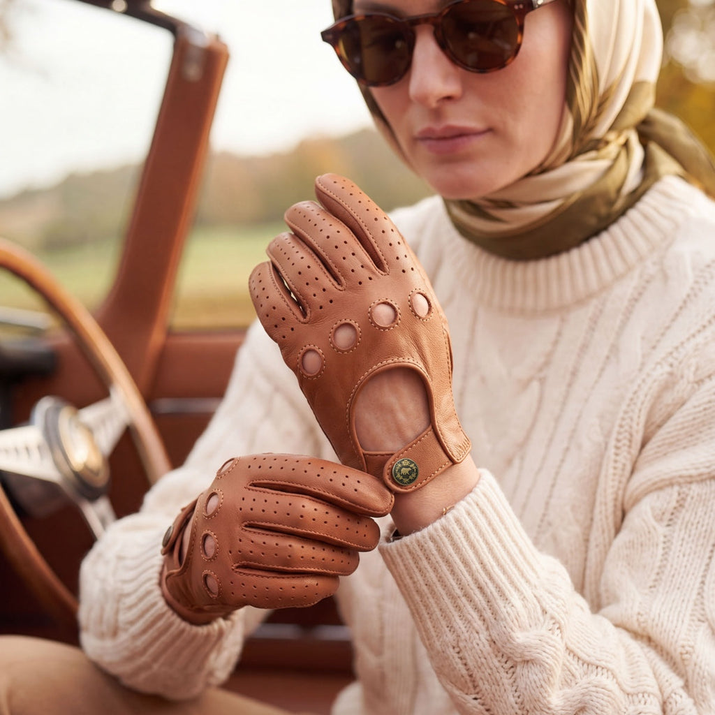 CD4378 (camel) - Women's sporty Italian leather driving gloves