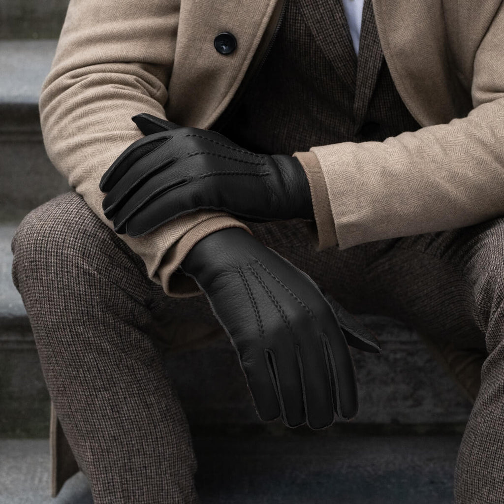Diego (black) - Italian gloves made of American deerskin leather with rabbit fur lining