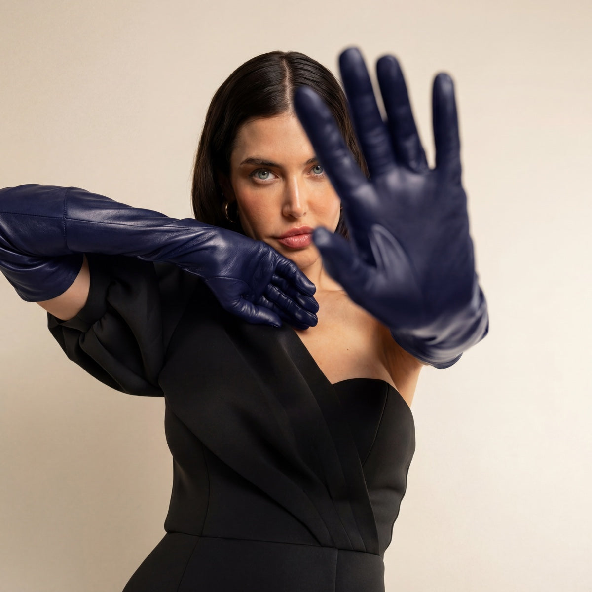 Elena (navy) - Italian silk lined 16-button length leather opera gloves