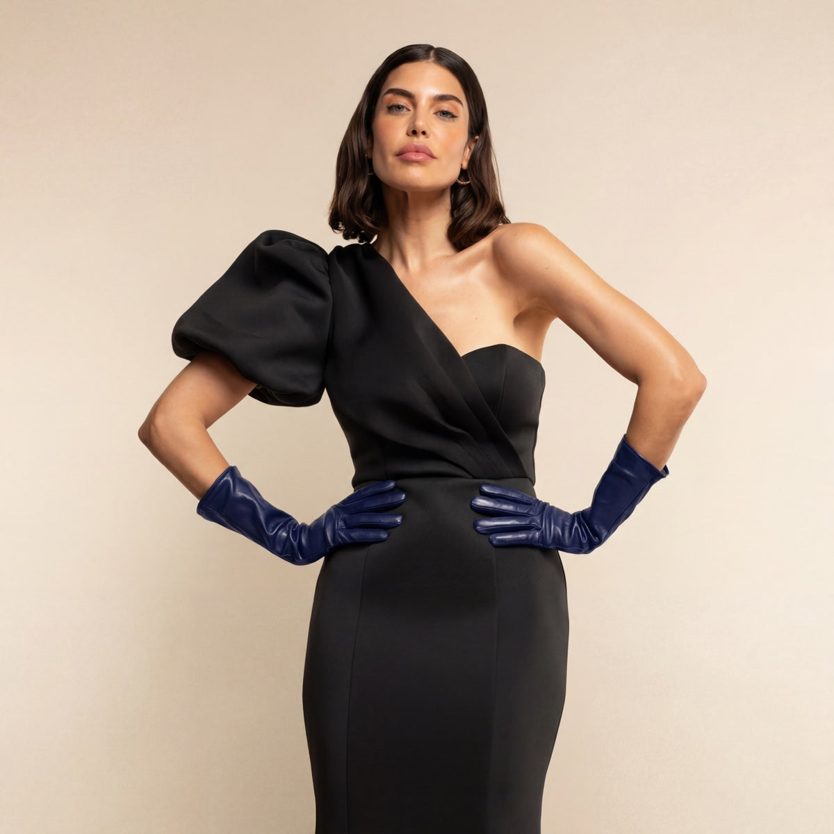 Elena (navy) - Italian silk lined 6-button length leather opera gloves