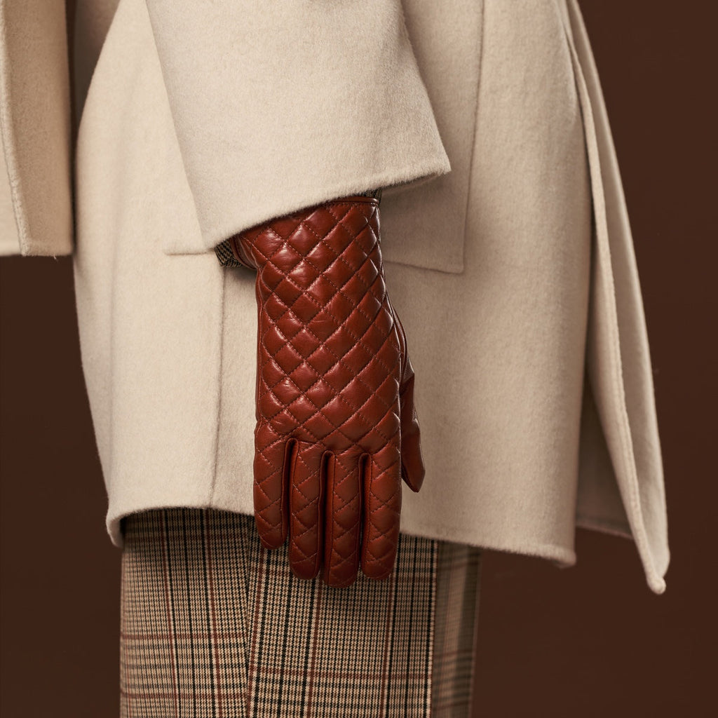 Emilia (brown) - Classic Italian lambskin leather gloves with cashmere lining and checkered pattern