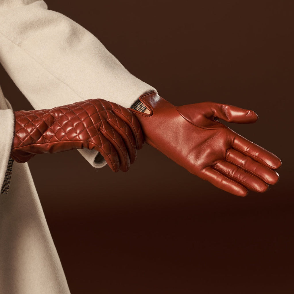 Emilia (brown) - Classic Italian lambskin leather gloves with cashmere lining and checkered pattern
