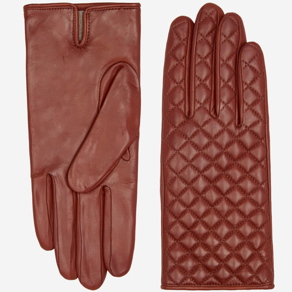 Emilia (brown) - Classic Italian lambskin leather gloves with cashmere lining and checkered pattern