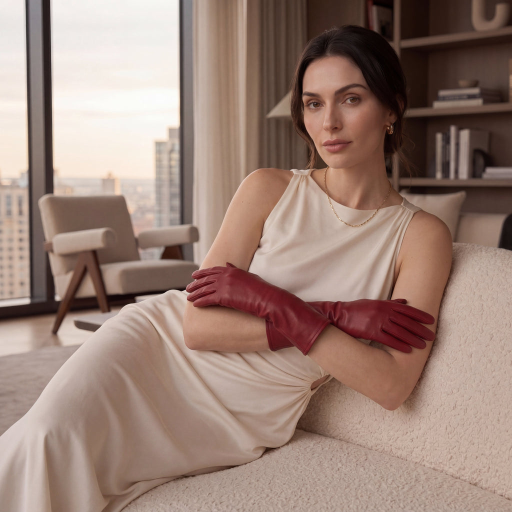 Leonora (deep red) - Italian cashmere lined 6-button length leather gloves