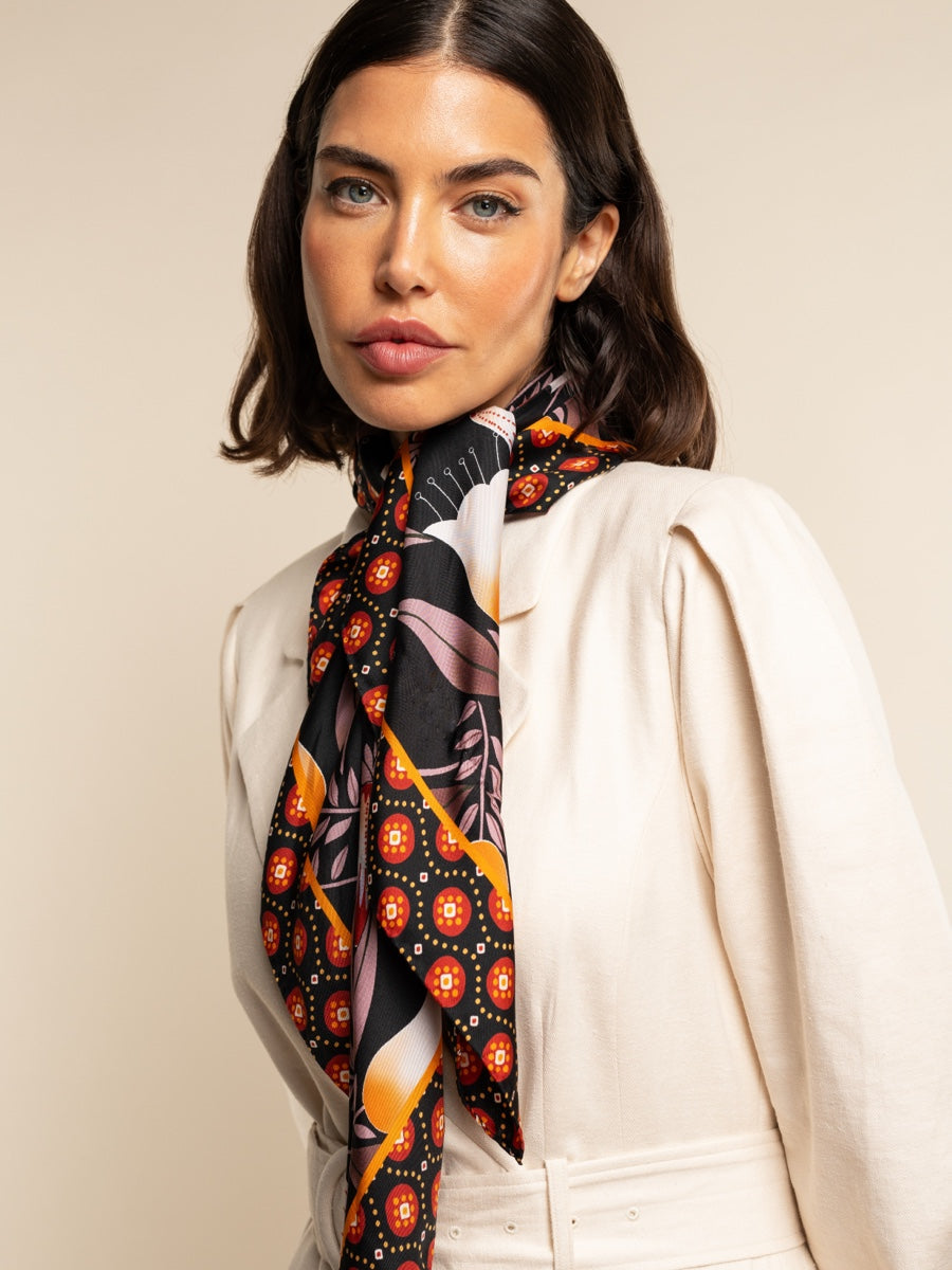 Bruna (black/orange)- Soft and lightweight Italian foulard from pure silk