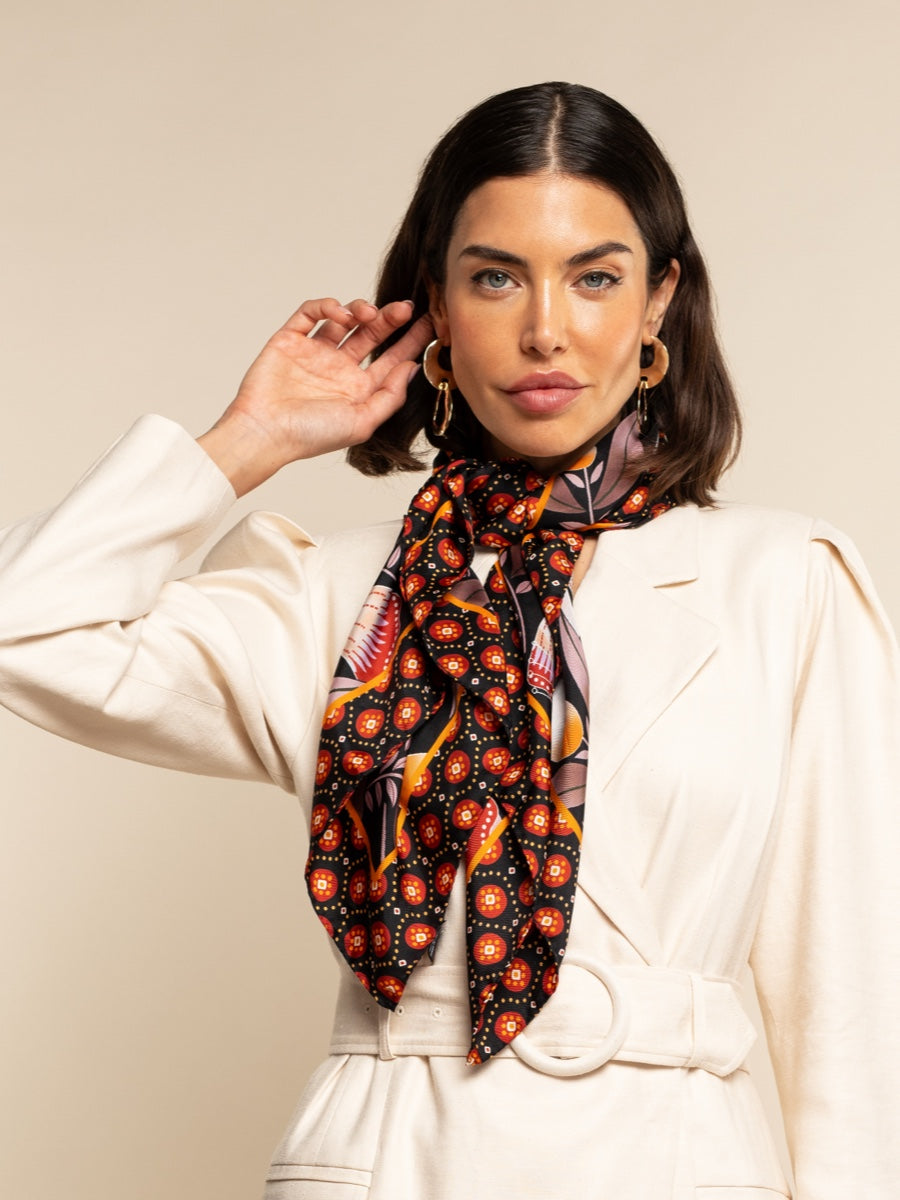 Bruna (black/orange)- Soft and lightweight Italian foulard from pure silk