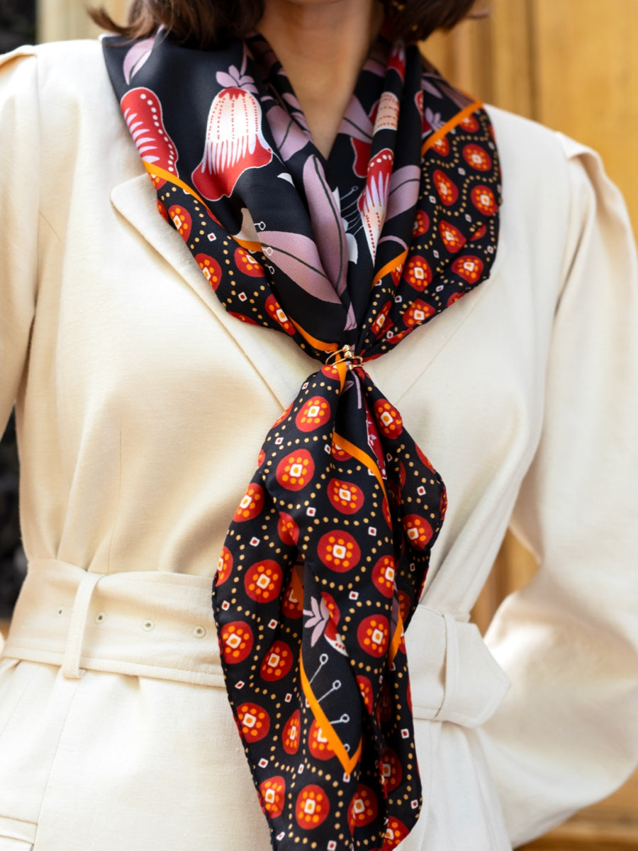 Bruna (black/orange)- Soft and lightweight Italian foulard from pure silk
