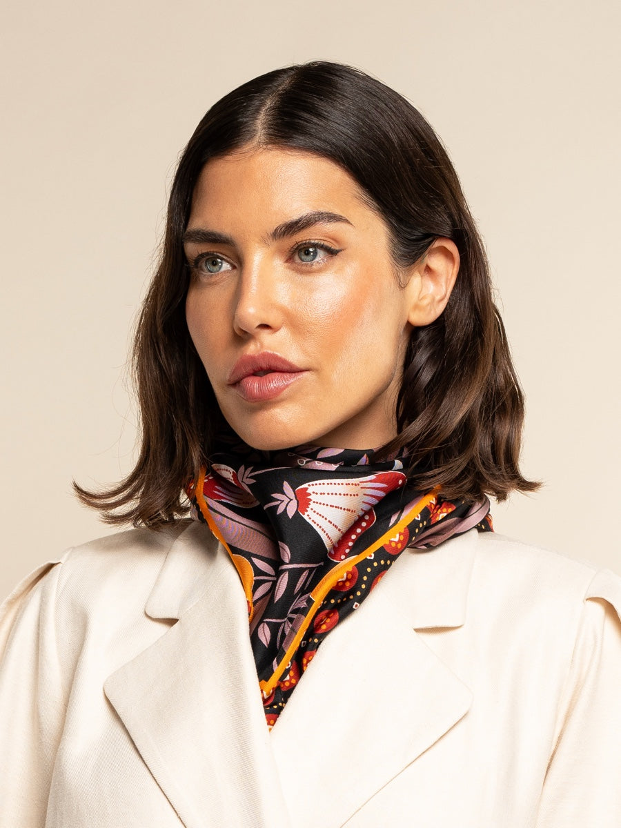 Bruna (black/orange)- Soft and lightweight Italian foulard from pure silk