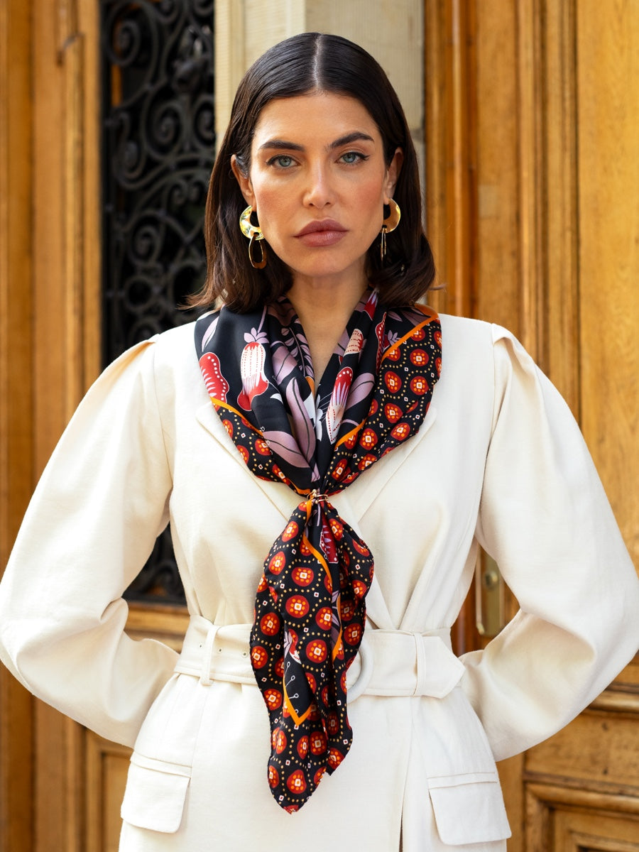 Bruna (black/orange)- Soft and lightweight Italian foulard from pure silk