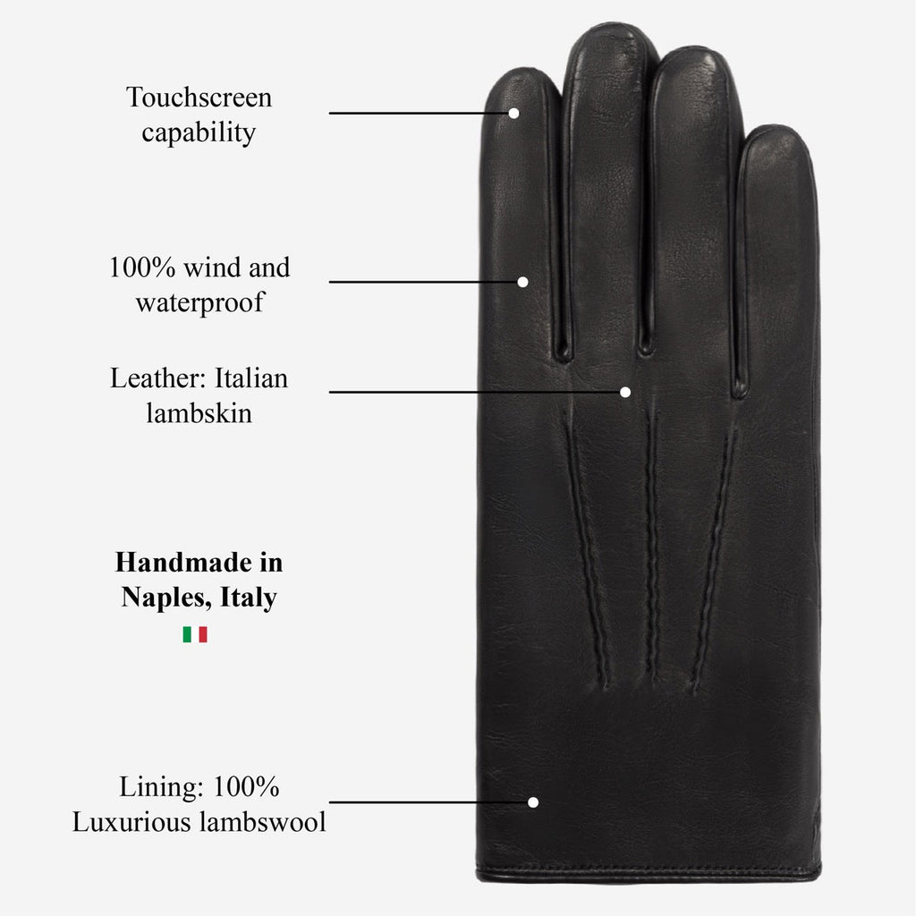 Aldo (black) - Italian lambskin leather gloves with lambswool lining & touchscreen feature