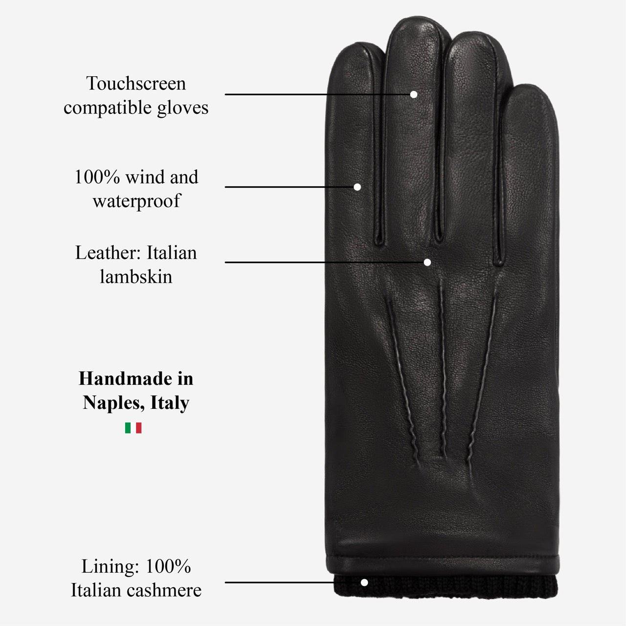 Alessandro (black) - Italian lambskin leather gloves with cashmere lining & touchscreen feature
