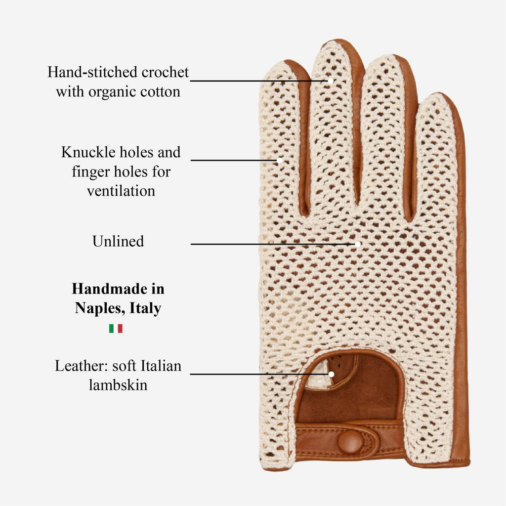 Arturo (cognac) - Hand-sewn Italian crochet driving gloves from lambskin leather