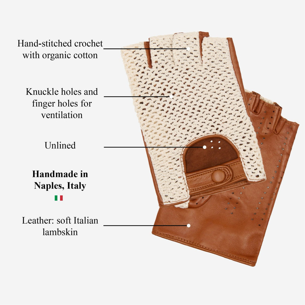 Dario (cognac) - Hand-sewn Italian crochet driving gloves from lambskin leather