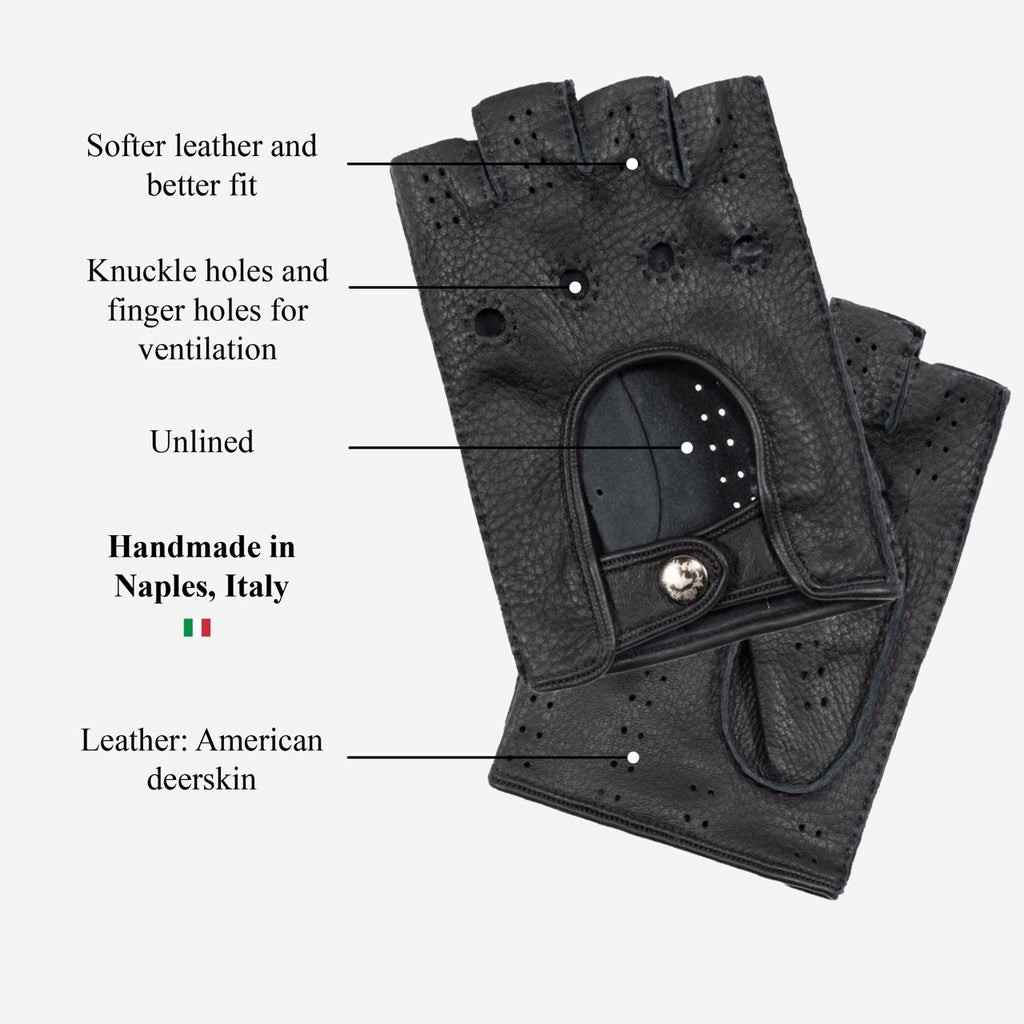 Vincenzo (black) - Fingerless Italian driving gloves made of American deerskin leather