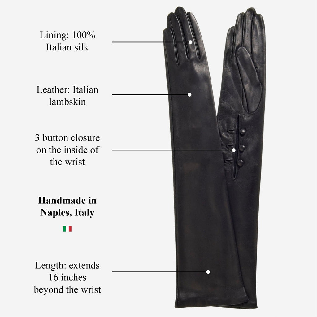 Elena (black) - Italian silk lined 16-button length leather opera gloves
