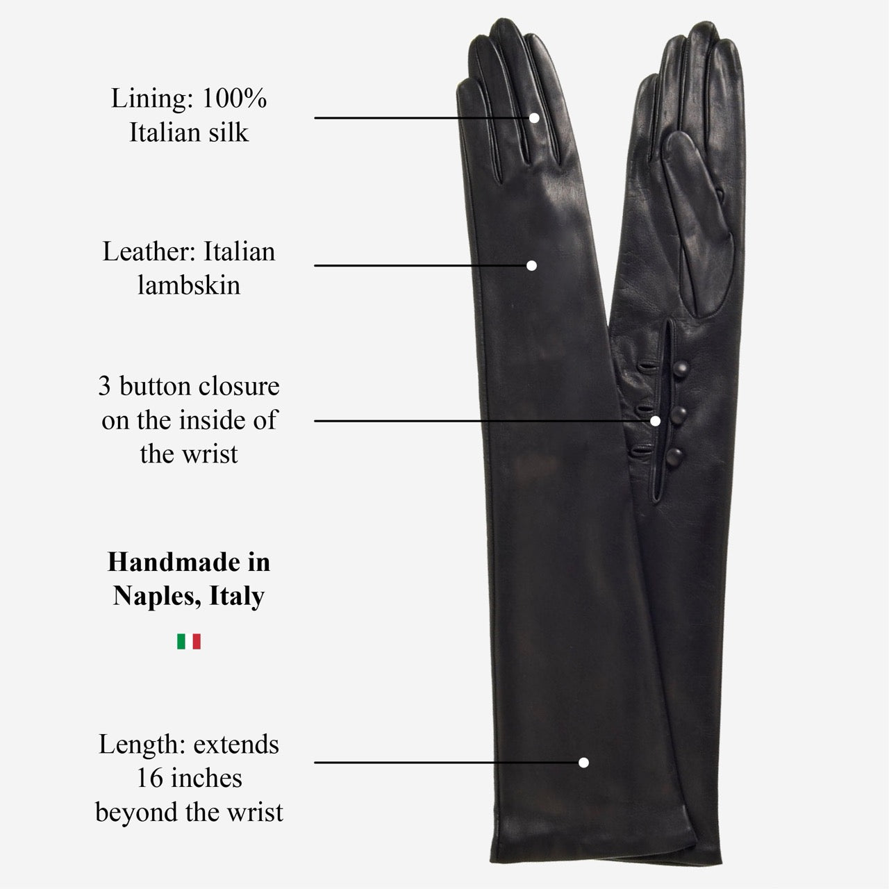 Elena (black) - Italian silk lined 16-button length leather opera gloves