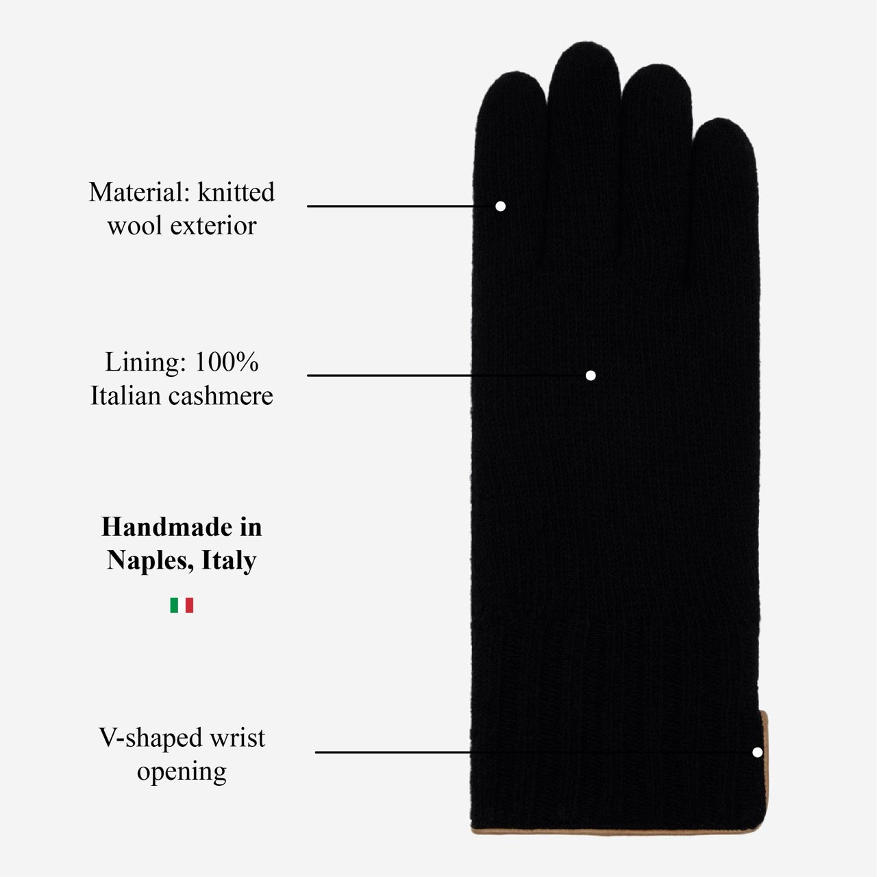Florentina (black) - Handmade Italian knitted wool gloves with luxurious cashmere lining