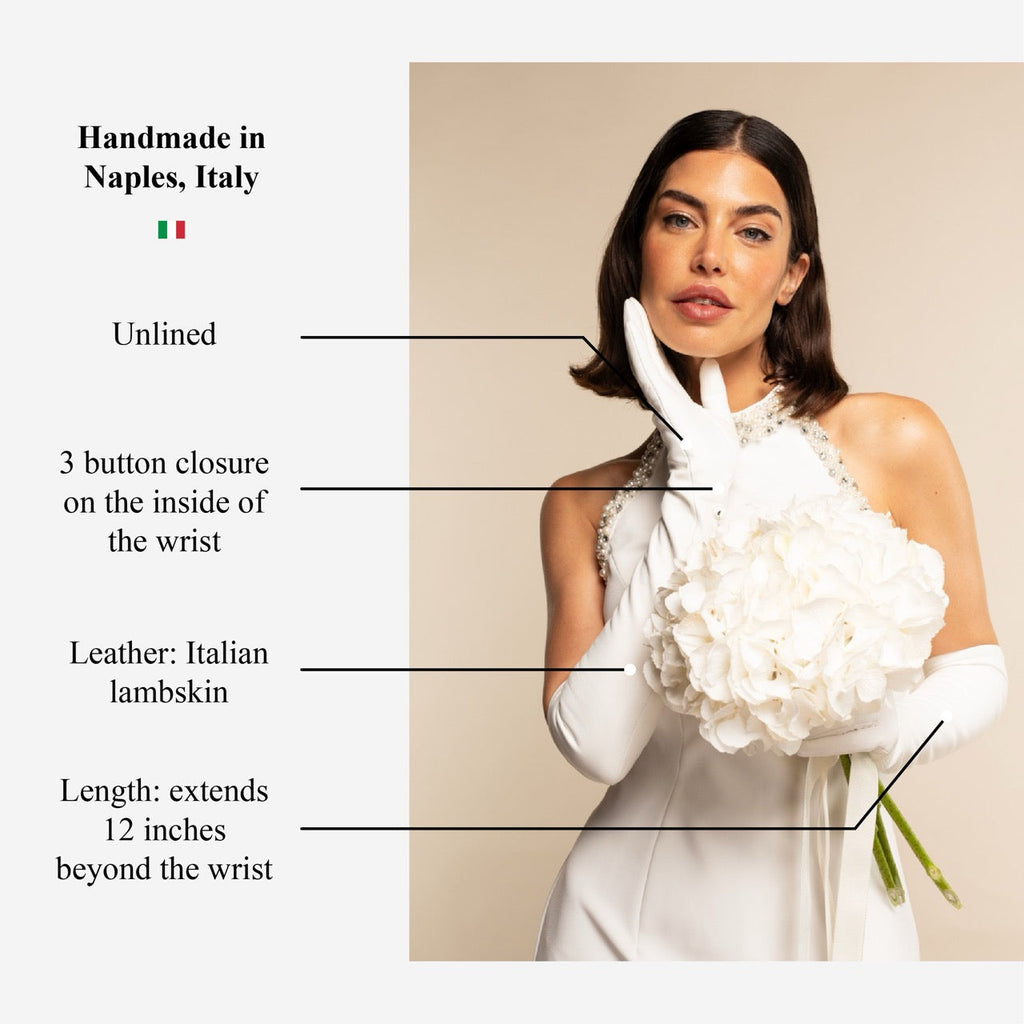 Gabriella (white) - Italian unlined 12-button length leather bridal / opera gloves