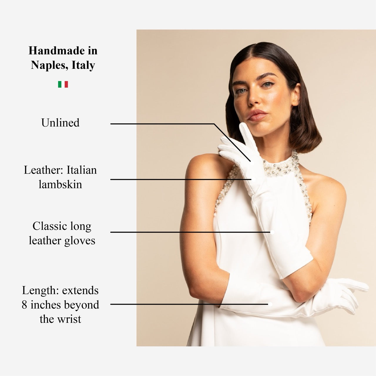 Gabriella (white) - Italian unlined 8-button length leather bridal / opera gloves