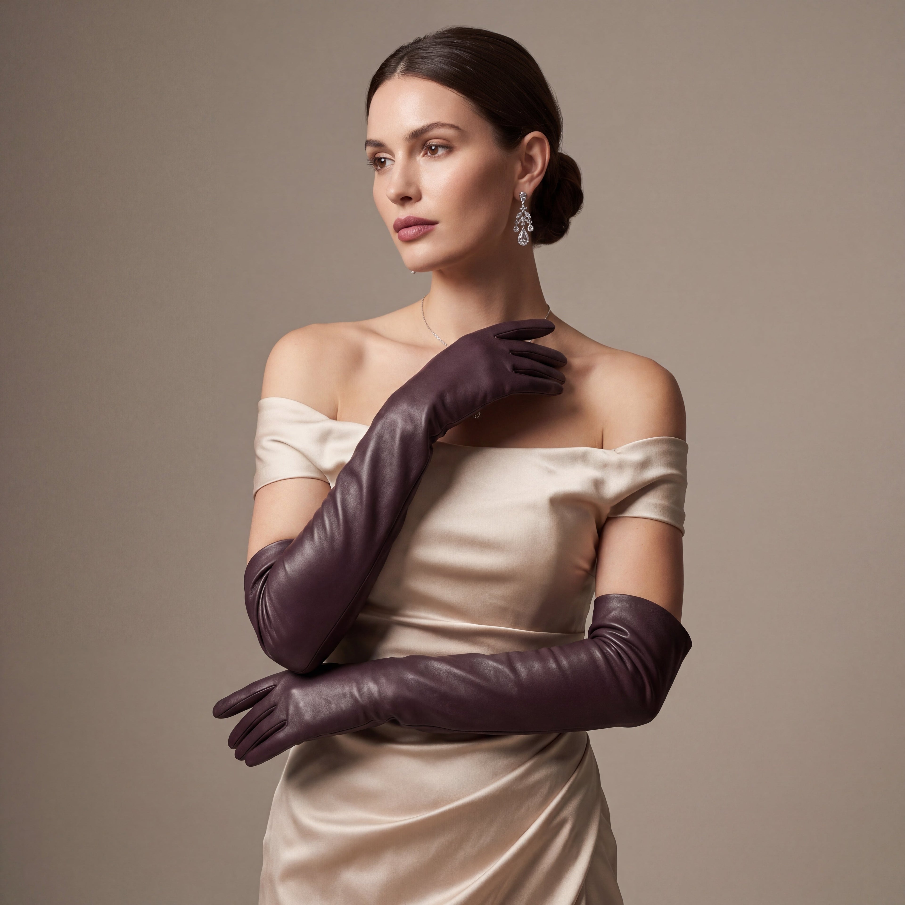 FS01W (brown) - Italian cashmere lined opera length leather gloves