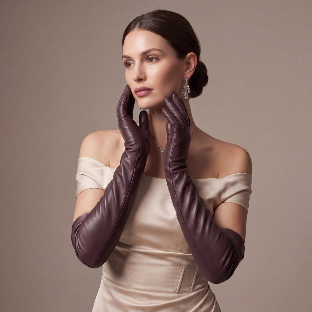 FS01W (brown) - Italian cashmere lined opera length leather gloves