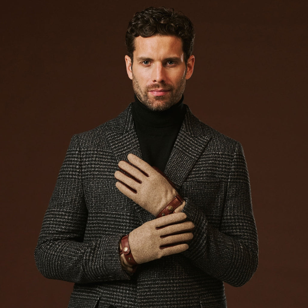 Fabrizio (brown) - Italian tweed men’s gloves with touchscreen capability and adjustable snap button