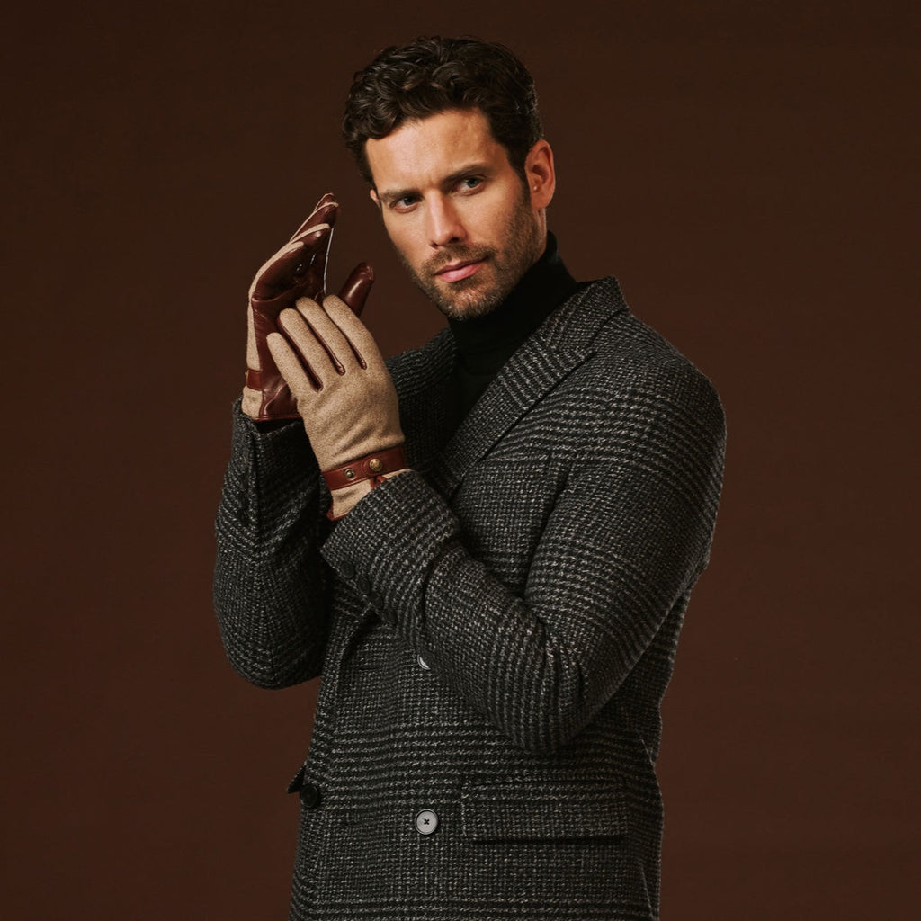 Fabrizio (brown) - Italian tweed men’s gloves with touchscreen capability and adjustable snap button