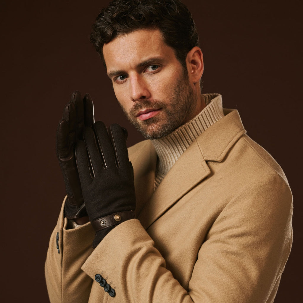 Fabrizio (dark brown) - Italian tweed men’s gloves with touchscreen capability and adjustable snap button