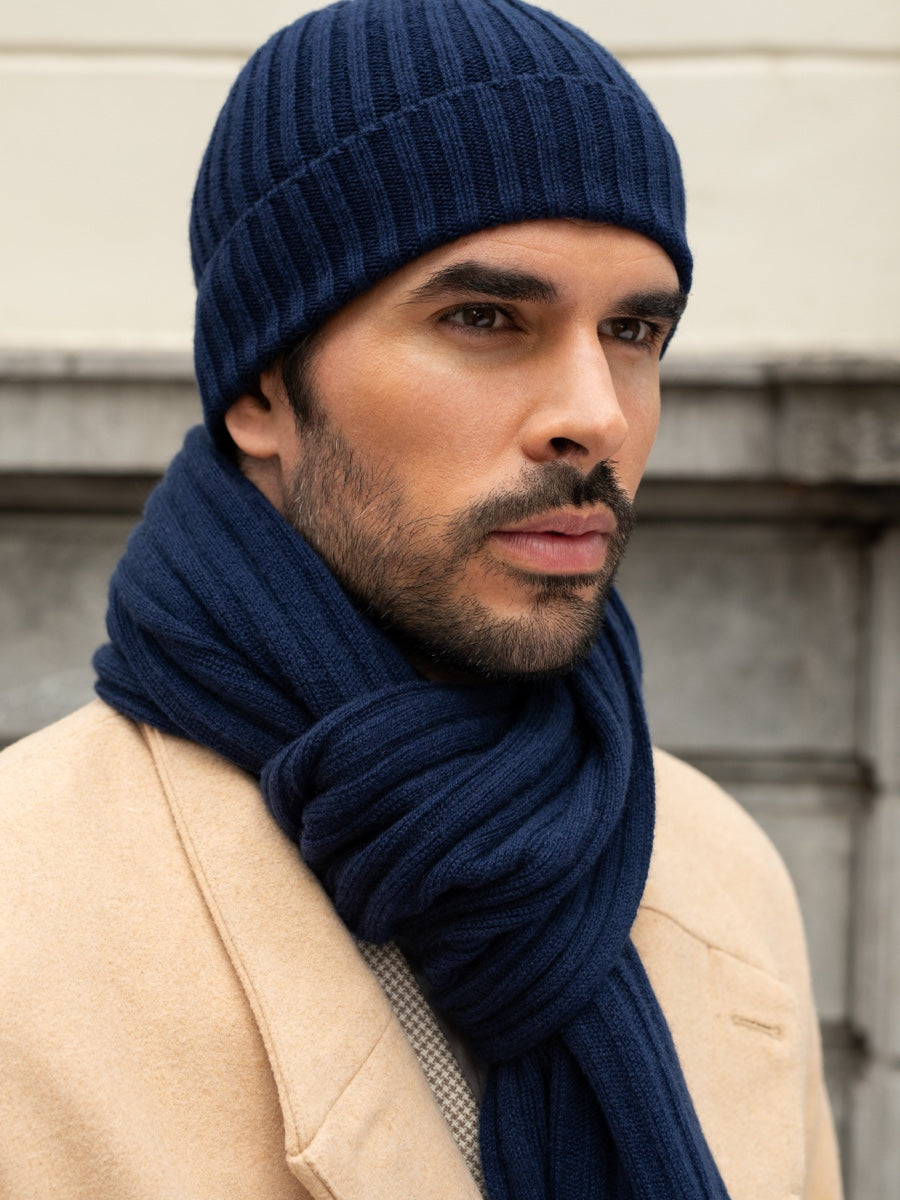 Milano (navy blue) - Italian 100% cashmere ribbed beanie (unisex)