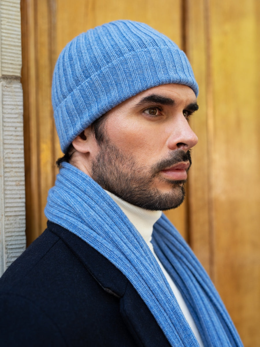 Milano (light blue) - Italian 100% cashmere ribbed beanie (unisex)