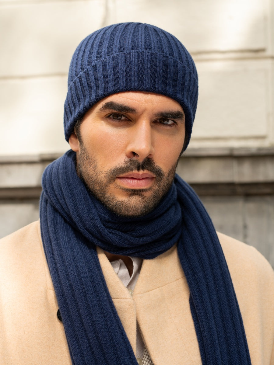 Napoli (navy blue) - Italian 100% cashmere ribbed scarf (unisex)
