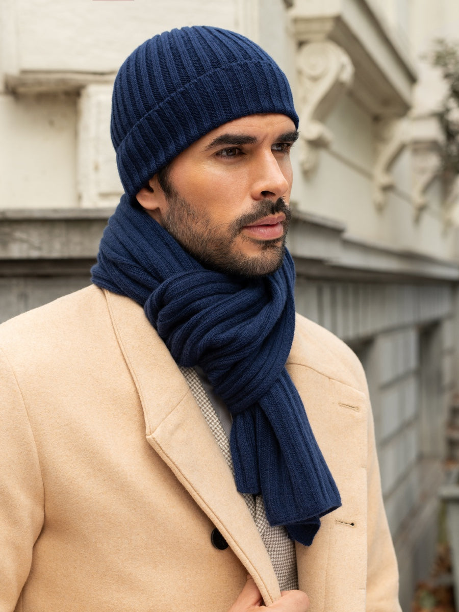 Napoli (navy blue) - Italian 100% cashmere ribbed scarf (unisex)