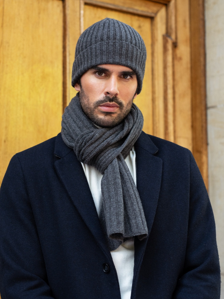 Napoli (dark grey) - Italian 100% cashmere ribbed scarf (unisex)