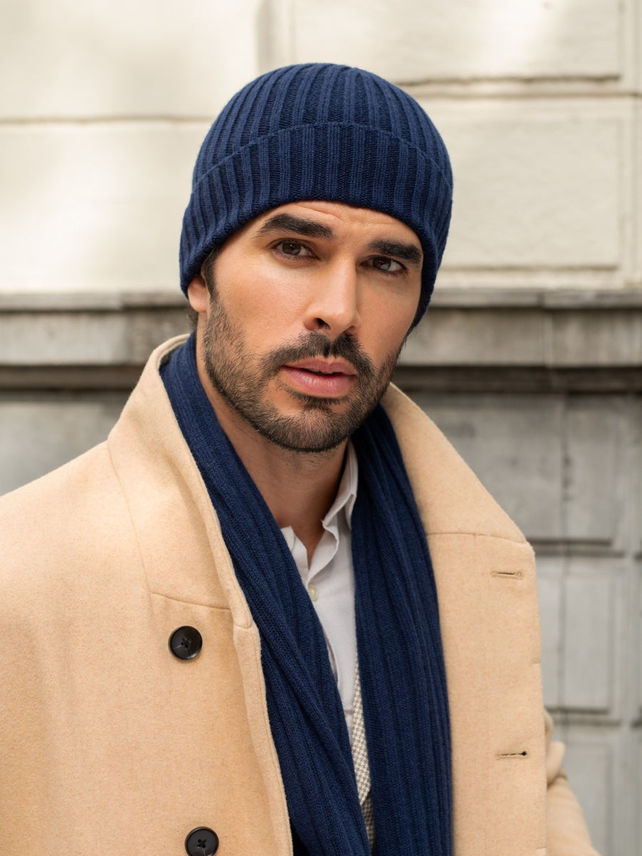 Milano (navy blue) - Italian 100% cashmere ribbed beanie (unisex)