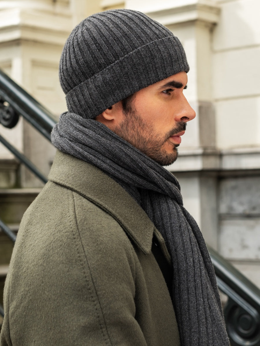Milano (dark grey) - Italian 100% cashmere ribbed beanie (unisex)