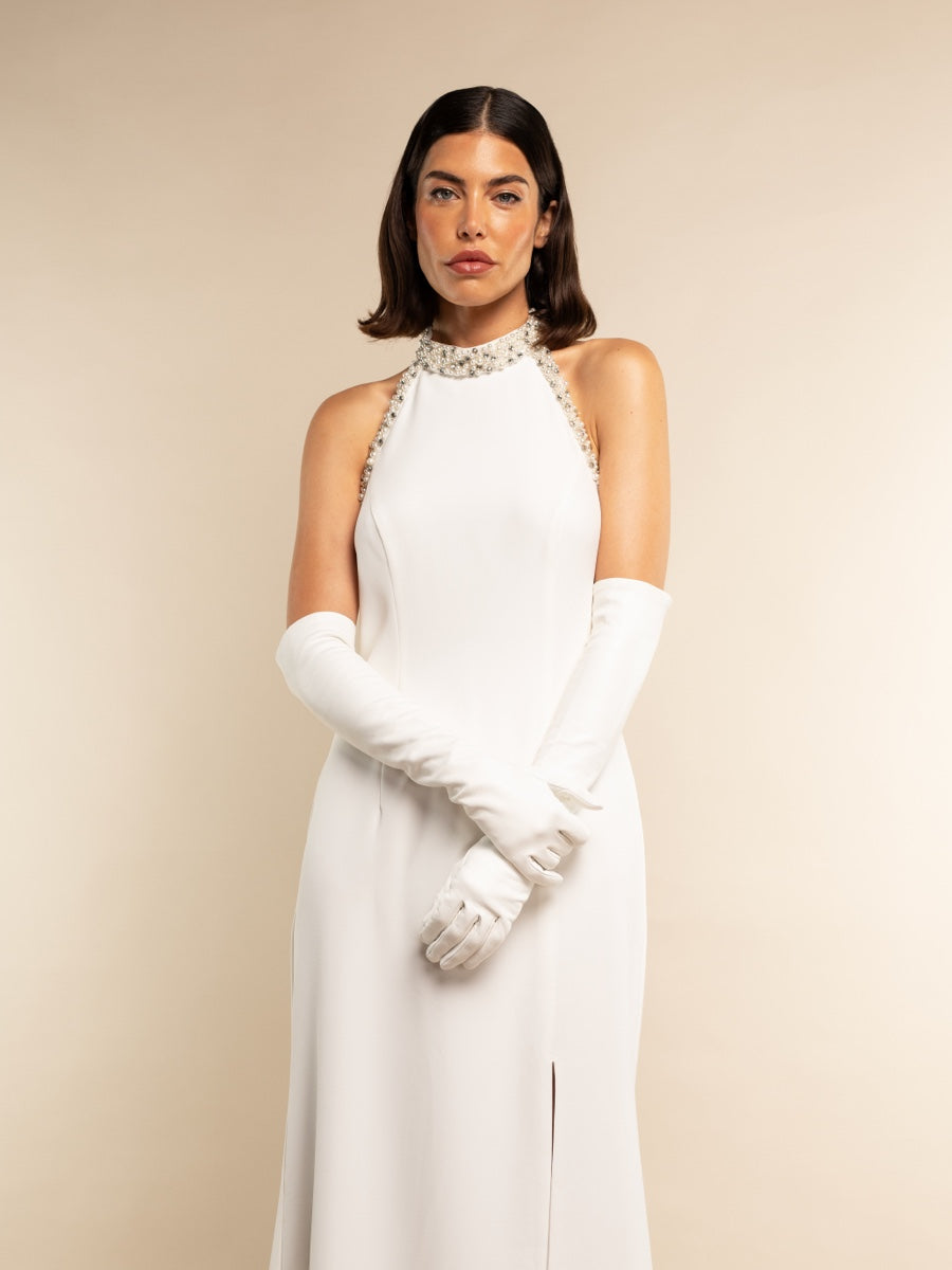 Gabriella (white) - Italian unlined 12-button length leather bridal / opera gloves