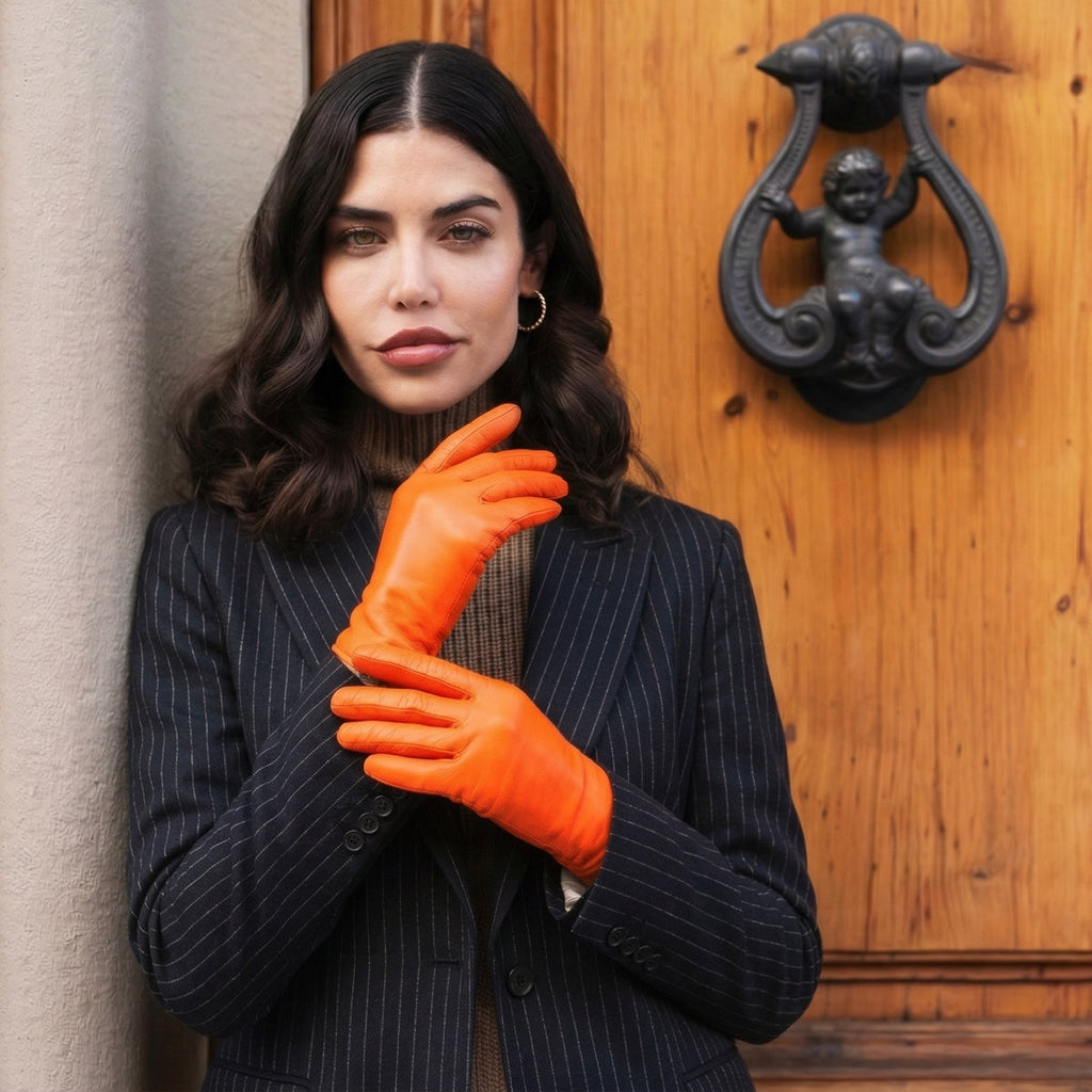 Sofia (orange) - Italian lambskin leather gloves with silk lining