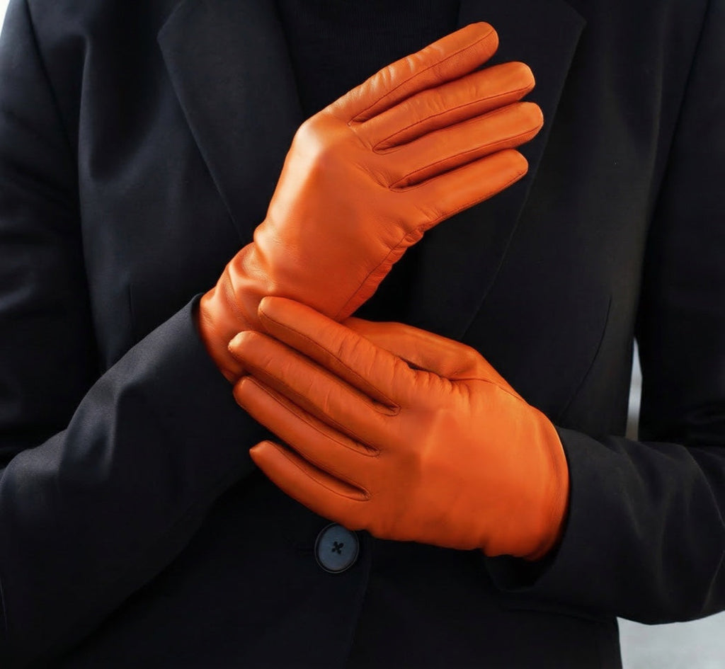 Sofia (orange) - Italian lambskin leather gloves with silk lining
