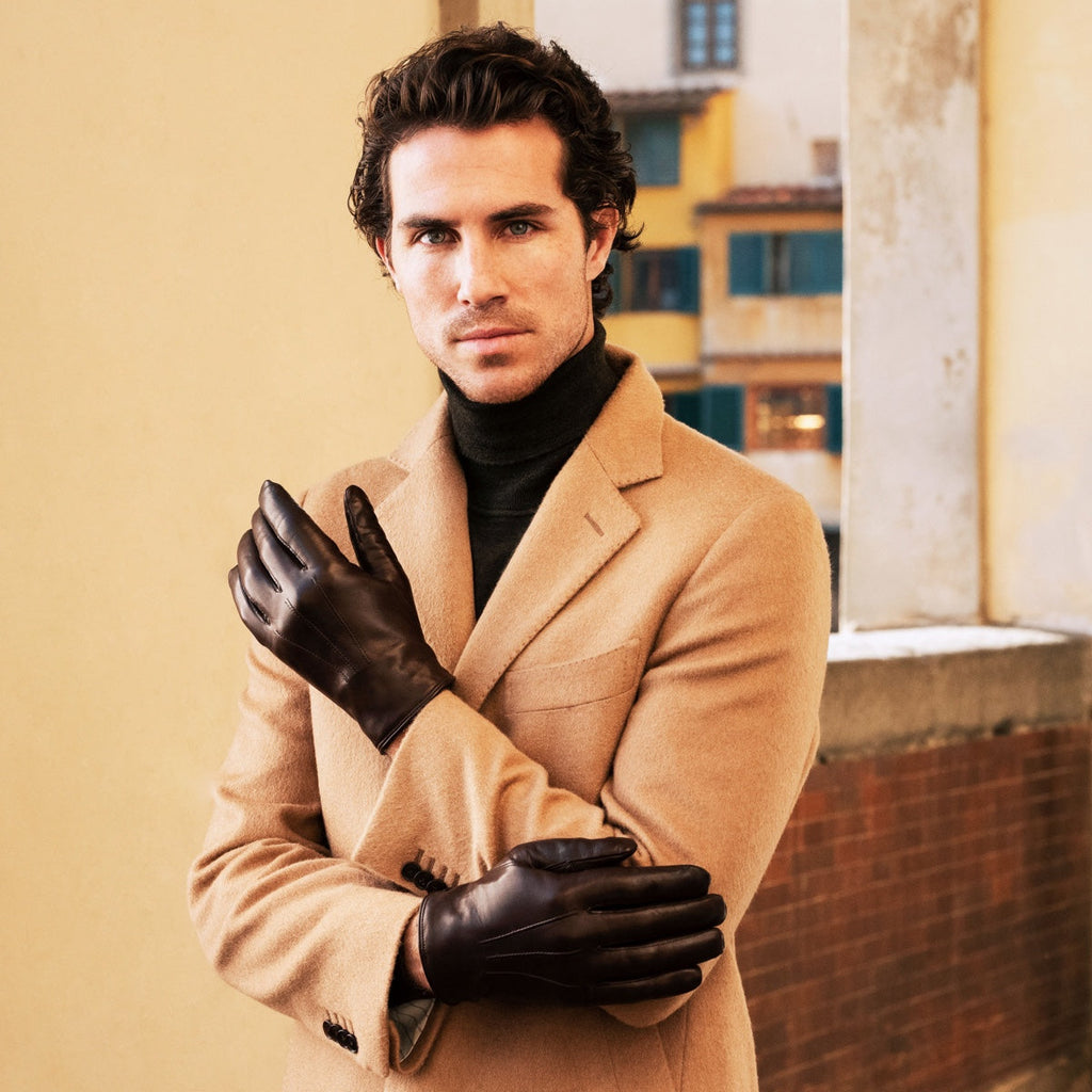 Marco (brown) - Italian lambskin leather gloves with white rabbit fur lining