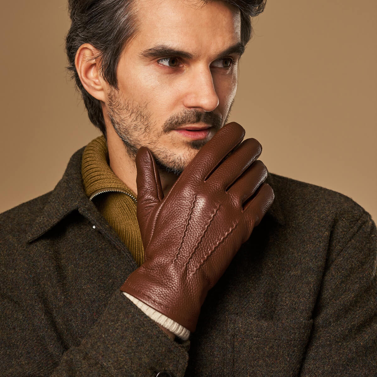 Noah (brown) – Luxurious deerskin leather gloves with warm wool lining
