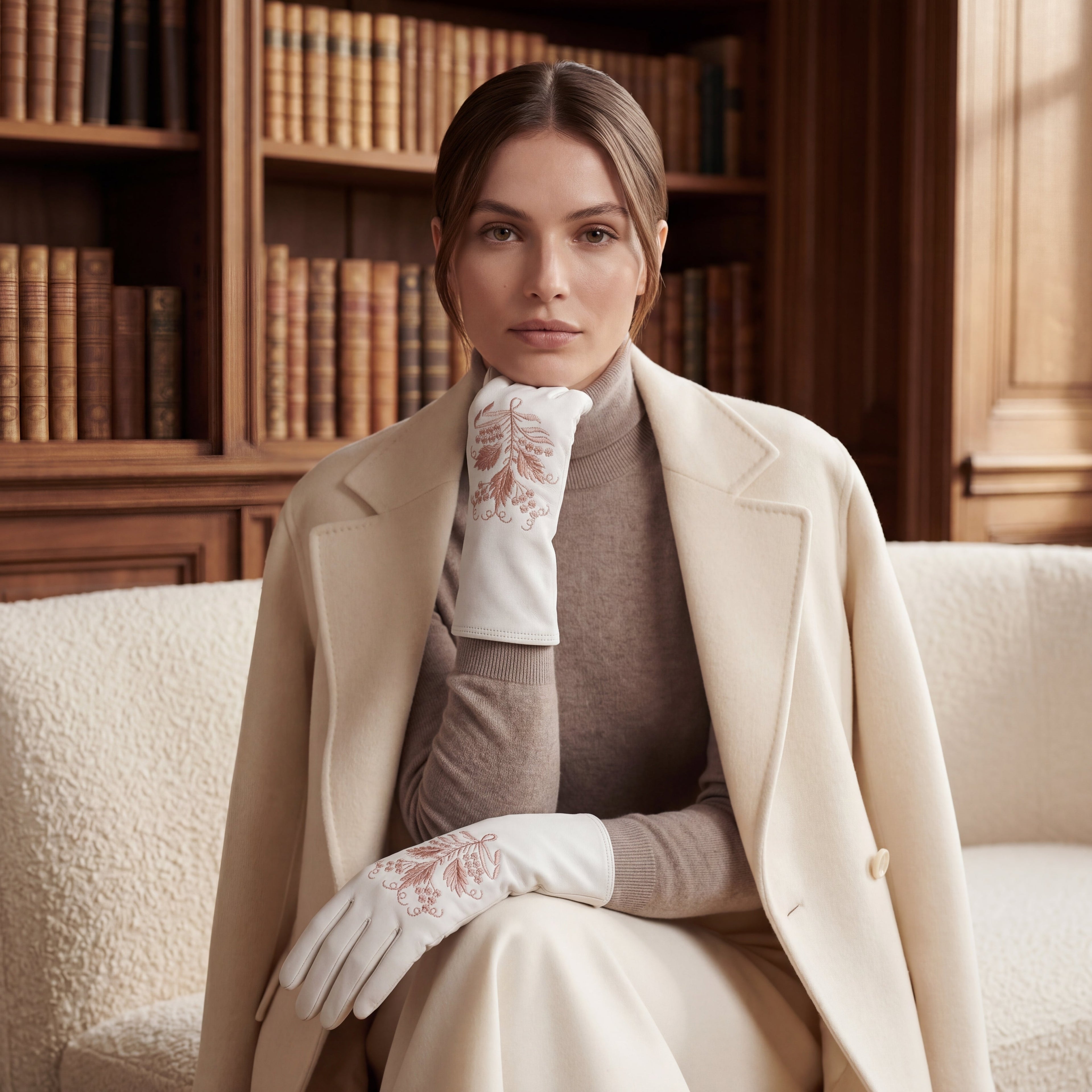 PZ01P (white) - Unlined embroidered Italian lambskin leather gloves